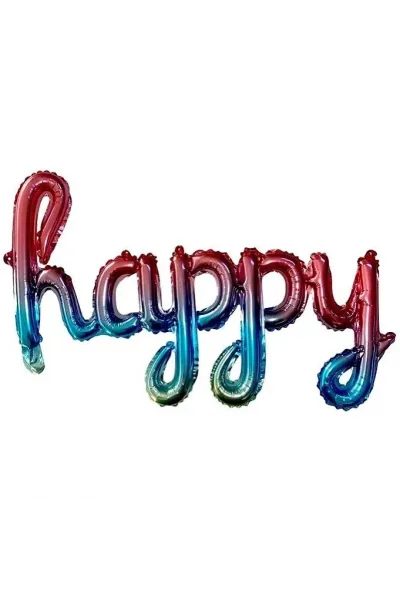 TEKLİ EL YAZILI HAPPY GÖKKUŞAĞI RENK FOLYO BALON 87*33