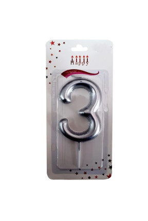 BÜYÜK BOY 3 RAKAM GÜMÜŞ MUM 13,5CM