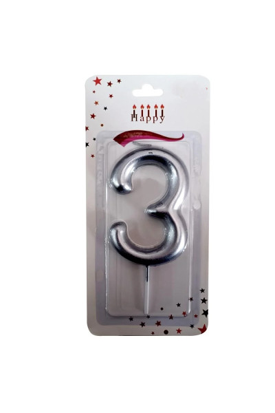 BÜYÜK BOY 3 RAKAM GÜMÜŞ MUM 13,5CM