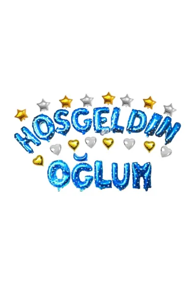 HOŞGELDİN OĞLUM KALPLİ VE YILDIZLI MAVİ SET BALON