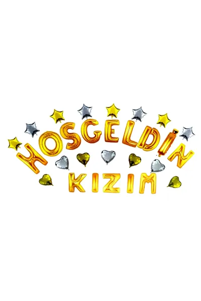 HOŞGELDİN KIZIM KALPLİ VE YILDIZLI GOLD SET BALON