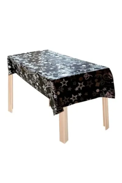 PLASTİK İYİKİ DOĞDUN SİYAH ÜSTÜ GÜMÜŞ BASKILI MASA ÖRTÜSÜ