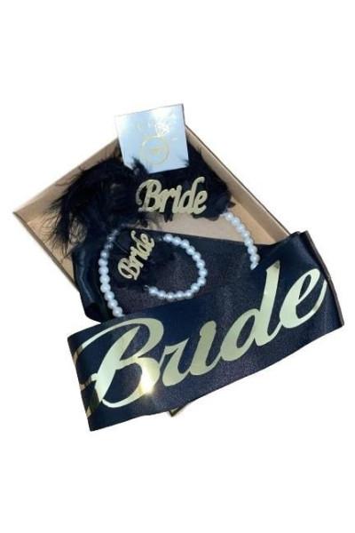 BRİDE SİYAH ÜSTÜ GOLD KUŞAK TAÇ SET