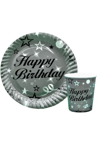 8 Lİ HAPPY BİRTHDAY GÜMÜŞ TABAK BARDAK SET