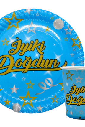 8 Lİ İYİKİ DOĞDUN MAVİ TABAK BARDAK SET