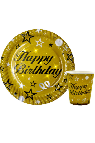 8 Lİ HAPPY BİRTHDAY GOLD TABAK BARDAK SET