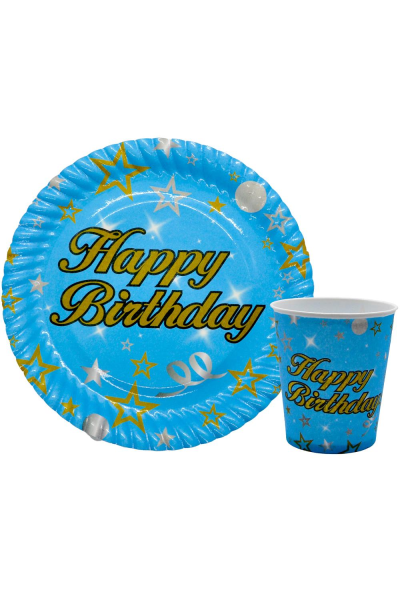8 Lİ HAPPY BİRTHDAY MAVİ TABAK BARDAK SET