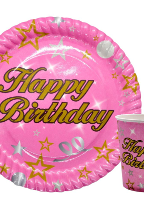 8 Lİ HAPPY BİRTHDAY PEMBE TABAK BARDAK SET