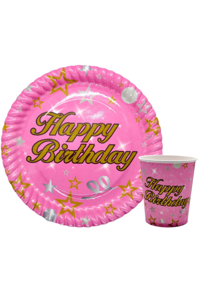 8 Lİ HAPPY BİRTHDAY PEMBE TABAK BARDAK SET