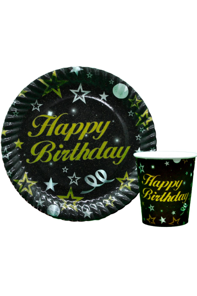 8 Lİ HAPPY BİRTHDAY SİYAH TABAK BARDAK SET