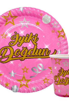 8 Lİ İYİKİ DOĞDUN PEMBE TABAK BARDAK SET