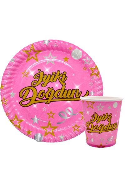 8 Lİ İYİKİ DOĞDUN PEMBE TABAK BARDAK SET