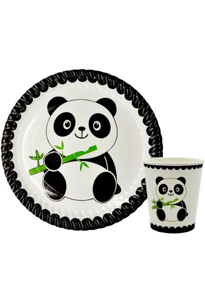 8 Lİ PANDA BASKILI TABAK BARDAK SET