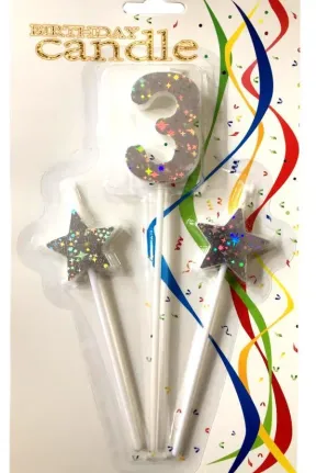 ÇUBUKLU YILDIZLI 3 RAKAM GÜMÜŞ MUM