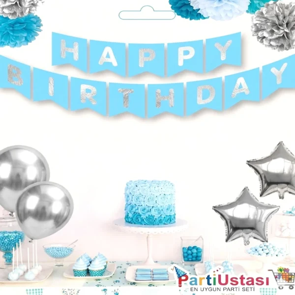 YAZI VARAKLI ZARF BANNER HAPPY MAVİ GÜMÜŞ