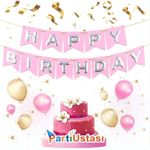 YAZI VARAKLI ZARF BANNER HAPPY PEMBE GÜMÜŞ
