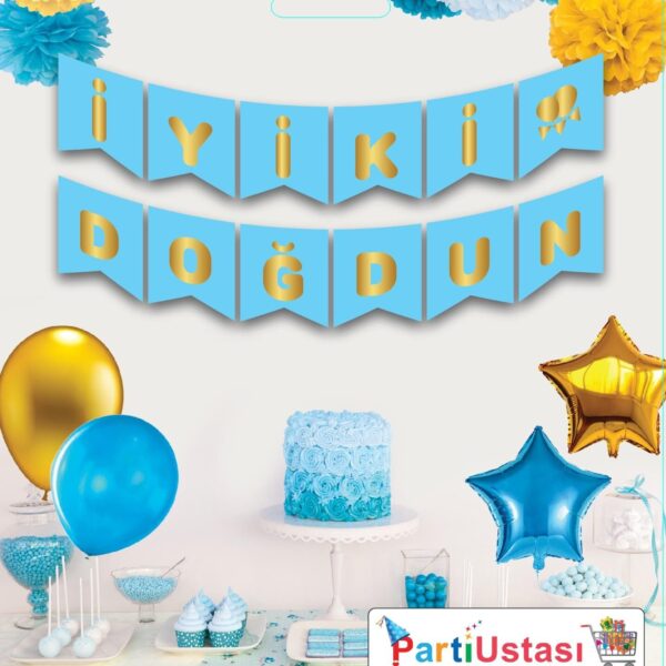 YAZI VARAKLI ZARF BANNER İYİKİ DOĞDUN MAVİ ALTIN