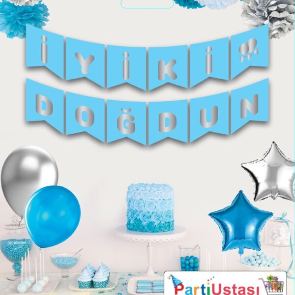 YAZI VARAKLI ZARF BANNER İYİKİ DOĞDUN MAVİ GÜMÜŞ