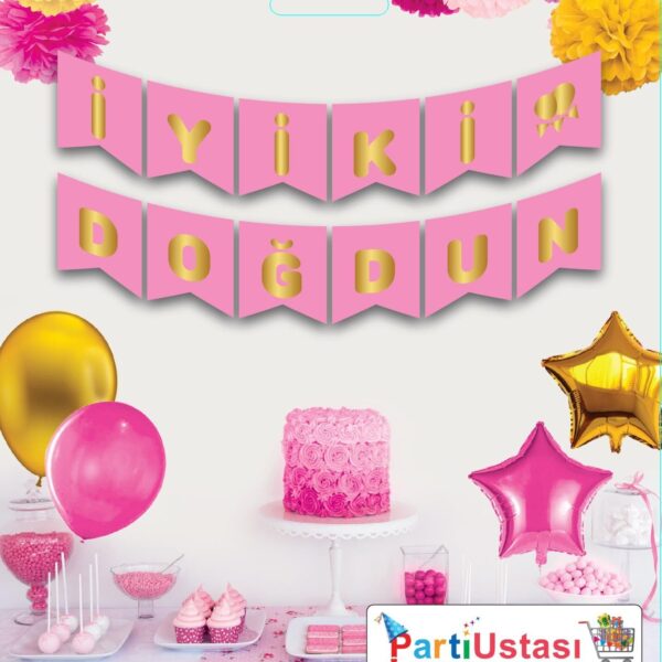 YAZI VARAKLI ZARF BANNER İYİKİ DOĞDUN PEMBE ALTIN