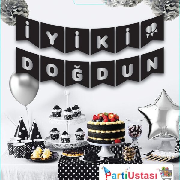 YAZI VARAKLI ZARF BANNER İYİKİ DOĞDUN SİYAH GÜMÜŞ